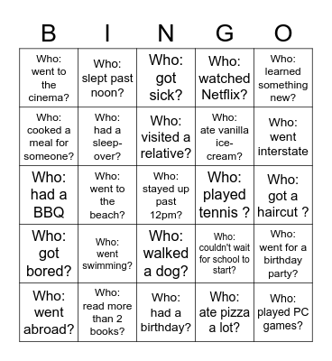 Back-to-School Bingo - What did you do over the holiday? Bingo Card