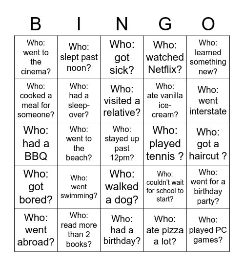 Back-to-School Bingo - What did you do over the holiday? Bingo Card