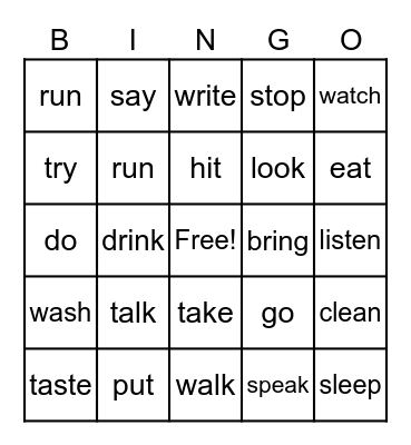 Action Words BINGO Card