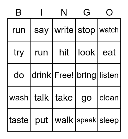 Action Words BINGO Card