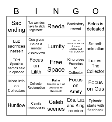 TOH Watching and Dreaming Bingo Card
