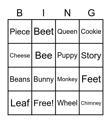 Long 'e' phonics BINGO Card