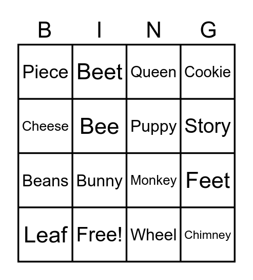Long 'e' phonics BINGO Card