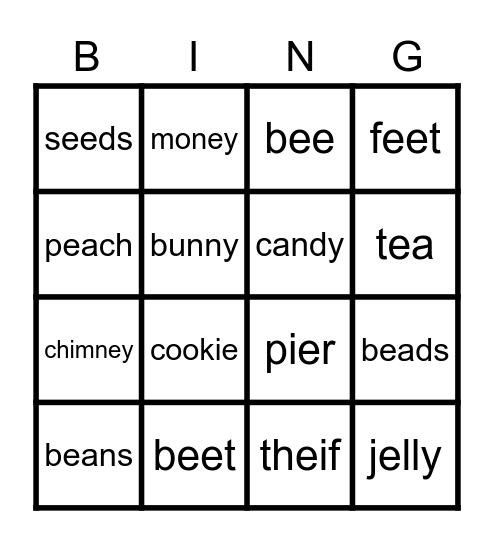 Long 'e' Sound BINGO Card