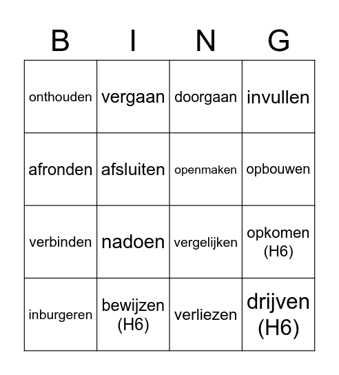 NIA - werkwoorden Hoofdstuk 7 Bingo Card