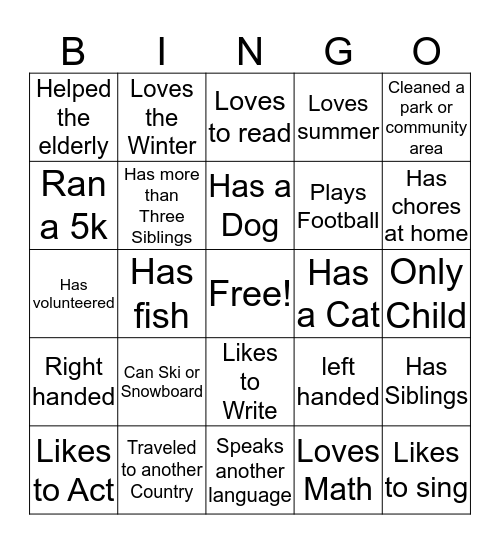 K-Kids People Bingo Card