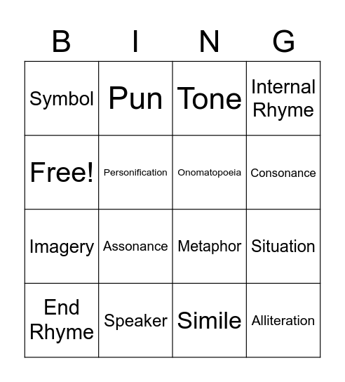 Poetry Terms Vocabulary Bingo Card