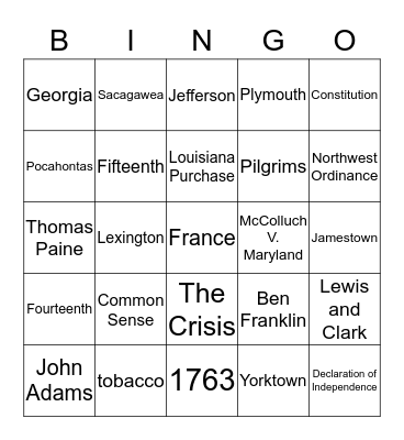 Early United States (1603 - 1815) Bingo Card