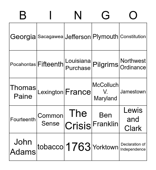 Early United States (1603 - 1815) Bingo Card