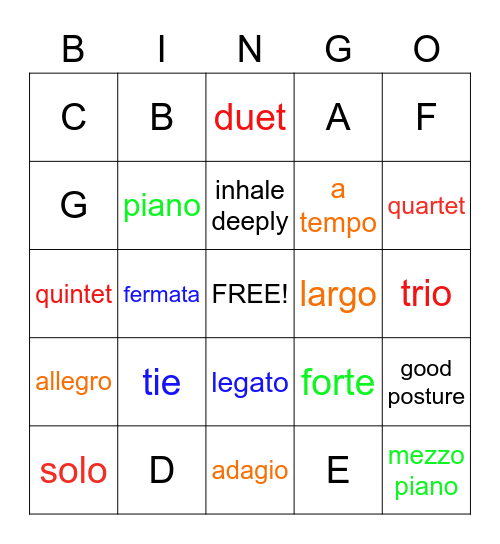 Chorus Class Vocabulary Bingo! Bingo Card