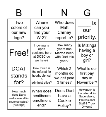 Dart Bingo Card