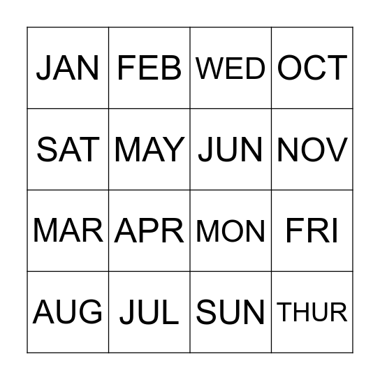 DAYS AND MONTHS Bingo Card