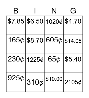 CONVERTING MONEY Bingo Card