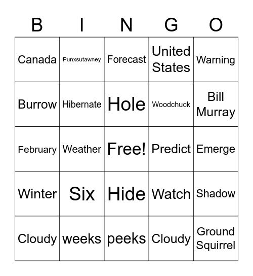 Groundhog Day Bingo Card