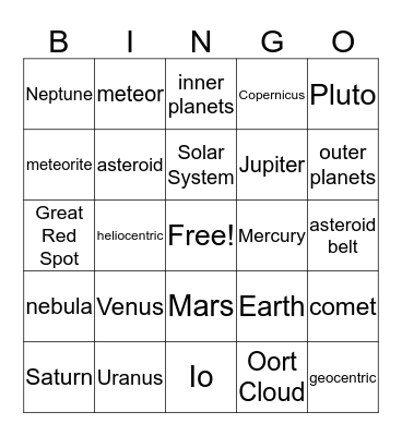Planets Bingo Card