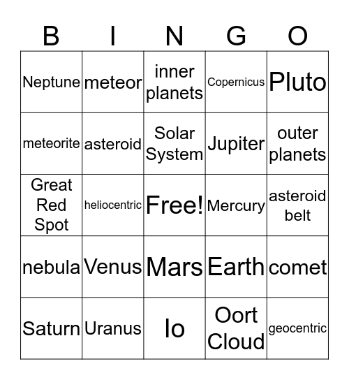 Planets Bingo Card