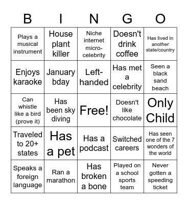 Orientation Bingo Card