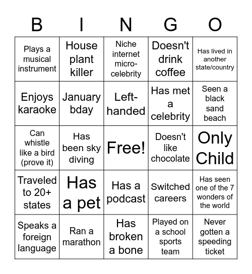 Orientation Bingo Card