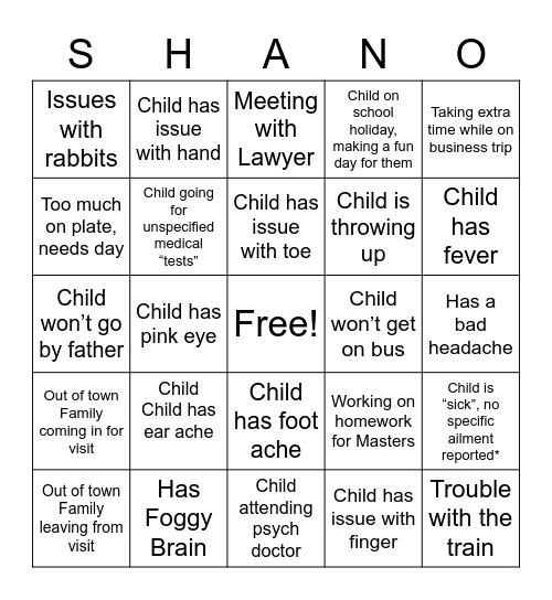 Shannon Excuses Bingo Card