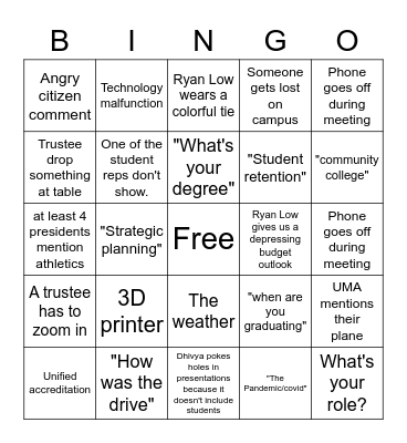 UMaine March meeting Bingo Card