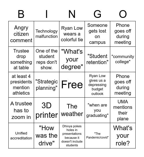 UMaine March meeting Bingo Card