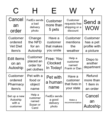 Chewy Bingo - Please submit INC numbers Bingo Card