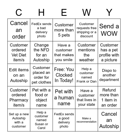 Chewy Bingo - Please submit INC numbers Bingo Card