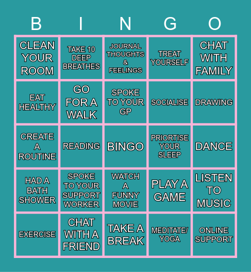 Mental Health Wellbeing Bingo Card