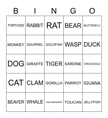 ANIMALS Bingo Card