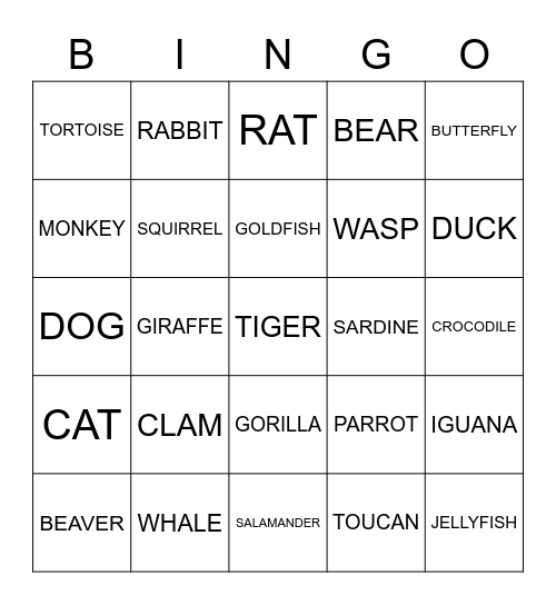 ANIMALS Bingo Card