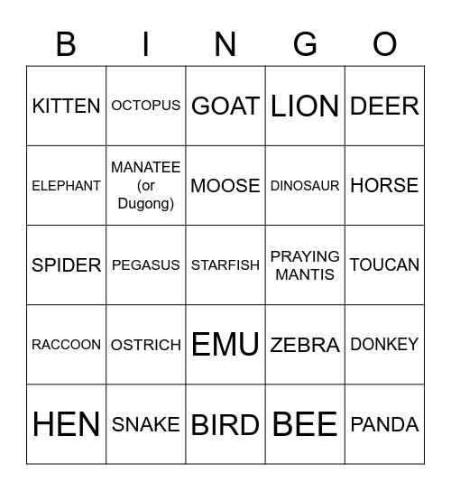 ANIMALS Bingo Card