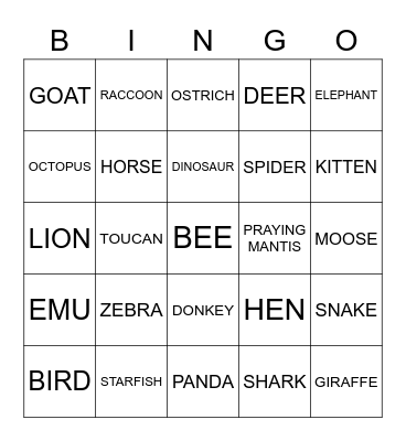 ANIMALS Bingo Card