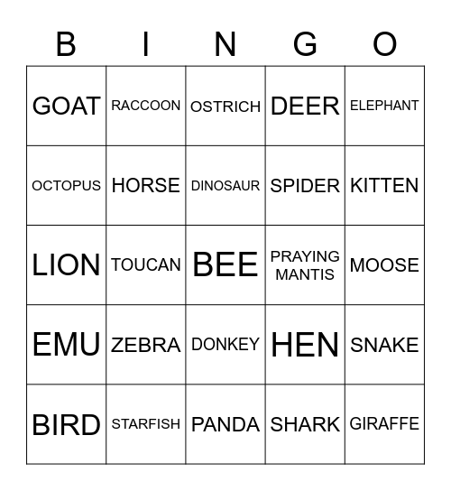 ANIMALS Bingo Card