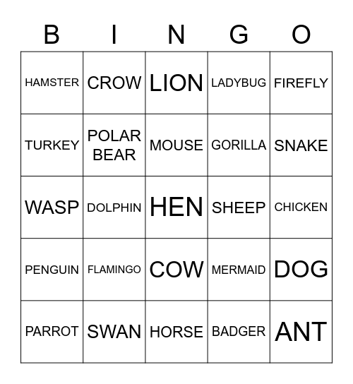 ANIMALS Bingo Card