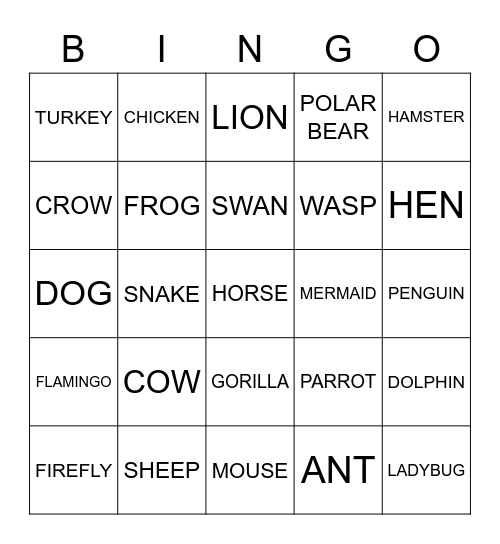 ANIMALS Bingo Card