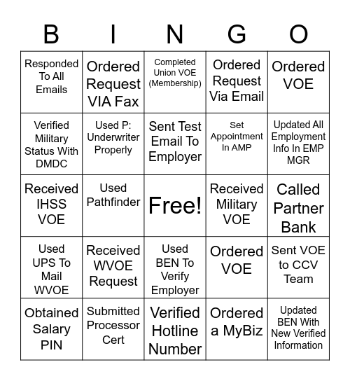 VOE Bingo Card