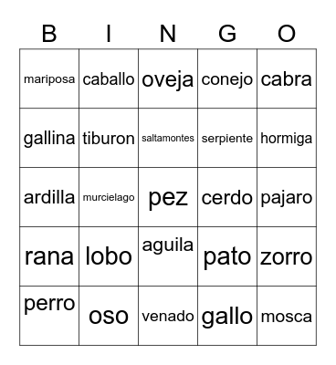 Animals Bingo Card