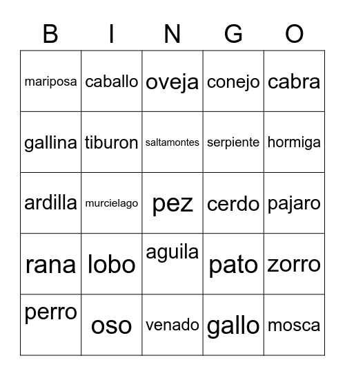 Animals Bingo Card