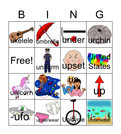 Letter U BINGO Card