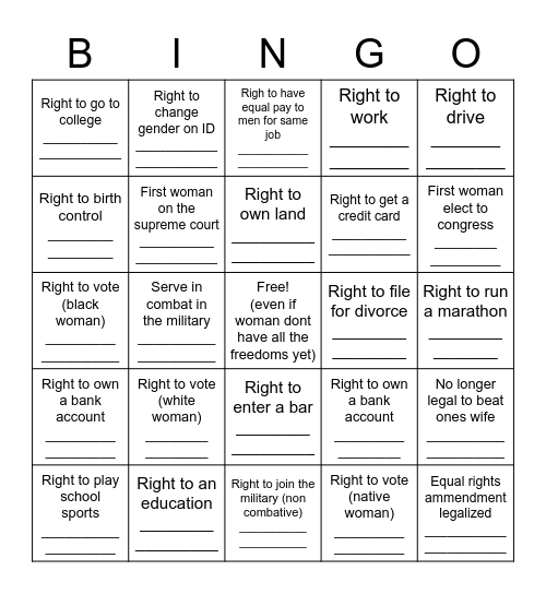 Womans Rights Bingo Card
