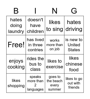 Getting to Know you Bingo Card