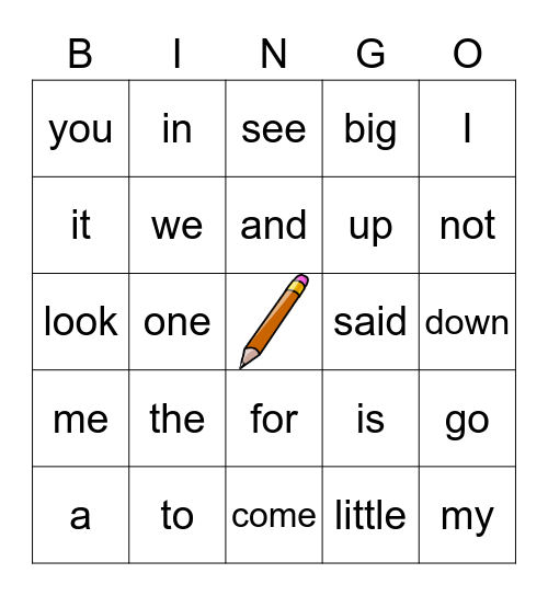 Pre-Primer Words 1-25 Bingo Card
