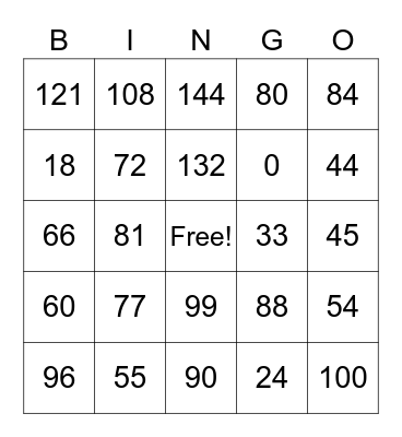 Gilchrist Multiplication 9, 10, 11 and 12 Bingo Card