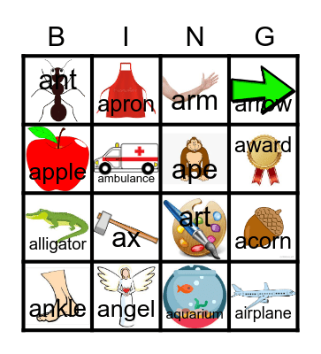 Letter A Bingo Card