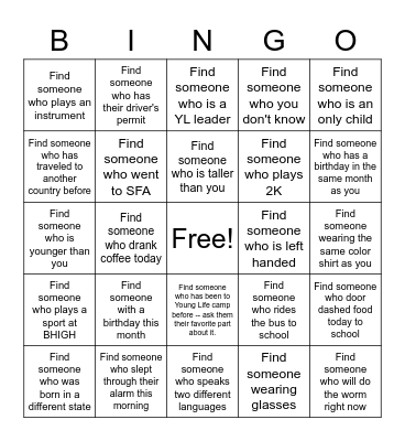 Human Bingo -- Young Life Bingo Card