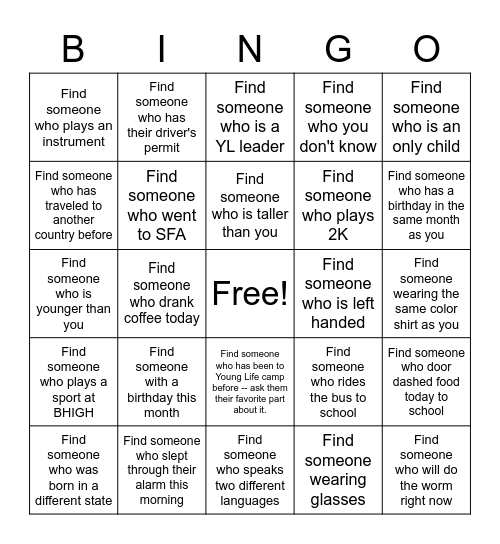 Human Bingo -- Young Life Bingo Card