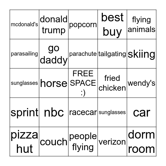 Super Bowl Bingo Card