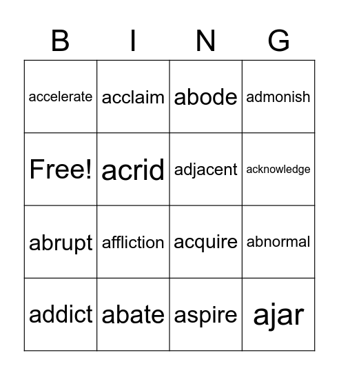 vocabulary A1 Bingo Card