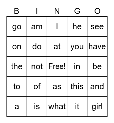 Sight Words Bingo Card