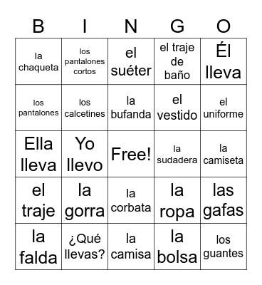 La Ropa Bingo Card